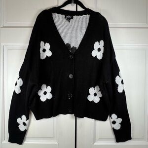 Just Polly Darling Daisies Open 4 Button Cardigan Black With White Flowers Sz L